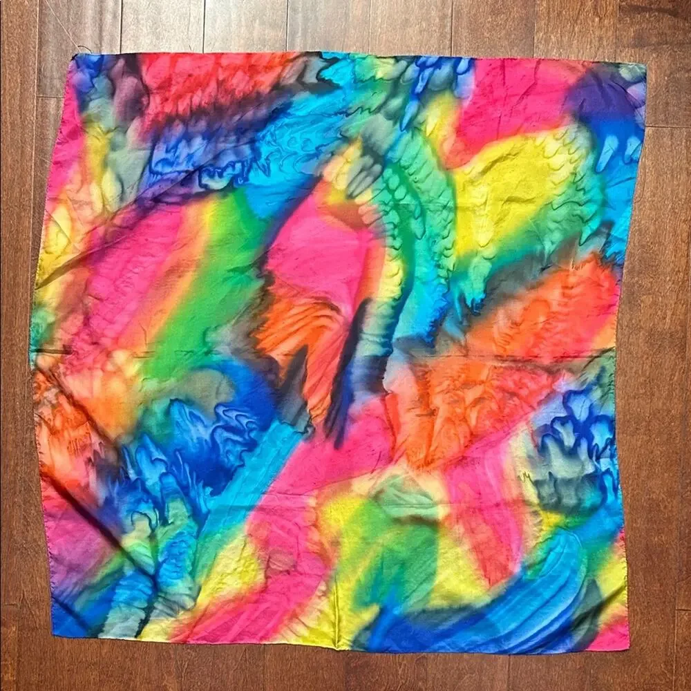 Hand Rolled Multicolor Rainbow Tie-Dye Scarf in a Silky Fabric, Square Shape